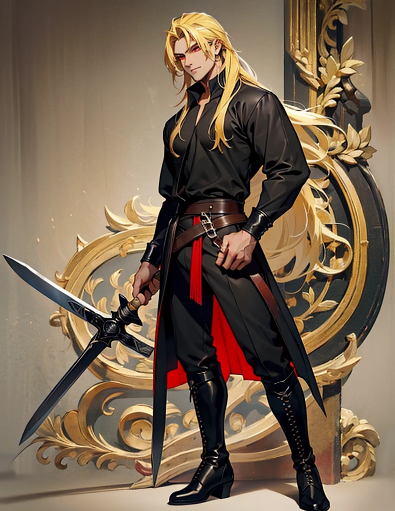 21:12:26 A handsome Galician boy with red eyes, long hair, full body view, wearing a black shirt, medieval clothes and leather boots, sword, blonde hair, yellow hair