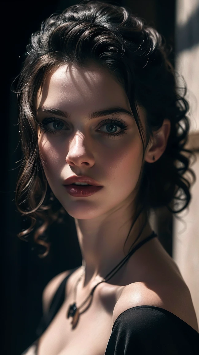 (((Surreal))) photo, masterpiece, top quality, (pale skin), (Super detailed face and eyes:1.3), 1 girl, aldult, Wearing a black T-shirt, A necklace hangs from the chest, necklace cleavage， (eye makeup, Black mascara) , ((Large, delicate lips)), ((dark curly hair)), ((Chiolca)) , (natural breasts), fishnet top, ((see-through)), ((pose)), photo shooting, (Side light), (The game of light and shadow), depth of field, Bokeh, (Special attention to skin details: 1.2), detailed leather texture, skin pores. (frame dark atmosphere. Color range - black, tangerine, Red, tune), Dlm grain), (Rays), ((glare)), ((portrait, close to camera)) , Super detailed,
