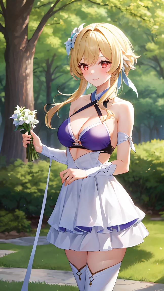 1girl, solo, luminedef, cleavage, (glowing red eyes)
BREAK (layered bikini, microskirt, official alternate costume, purple belt, purple bikini, revealing clothes, short sleeves, skirt, swimsuit, thigh boots, thighhighs:1.2),
BREAK (Standing: 1.7), Blushing, Embarrassing, Big, Smile,
BREAK ball gown, in the garden of trees, wedding decorations, 
BREAK ((top quality, 8k, masterpiece: 1.3, ultra hd, high quality, best quality, high definition, realism)), sharp focus: 1.5, Beautiful woman with Slim body, (perfect hands, perfect anatomy),