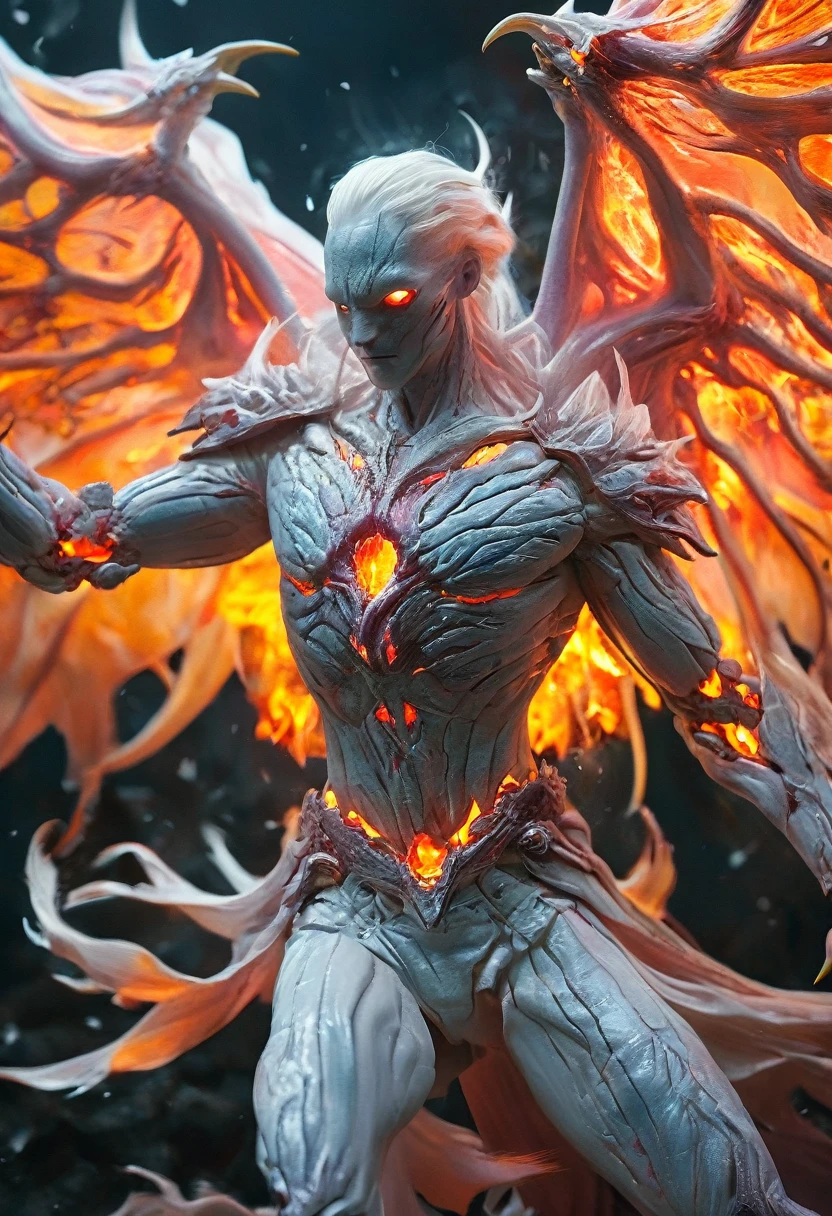 (Highest quality,4K,8K,High resolution,masterpiece:1.2), Very detailed, (Realistic,photoRealistic,photo-Realistic:1.37), white creature, Otherworldly, Lovecraft, Chitinous Skin, Bioluminescence Pattern, Dark Color Palette, Spooky lighting.(Browsing Caution:1.4), white, pink, orange, Very long and sharp red claws, Big Claws, Her body is bioluminescent. Moisturized Skin, (Extremely detailed and intricate skin patterns:1.2), (Translucent chitinous exoskeleton:1.3), (Very small waist:1.4), (Destroyed Anatomy:1.5), violent, erotic,5 water spirits, fire, darkness, Trees and Wind,The Five Spirits,King of Spirits,