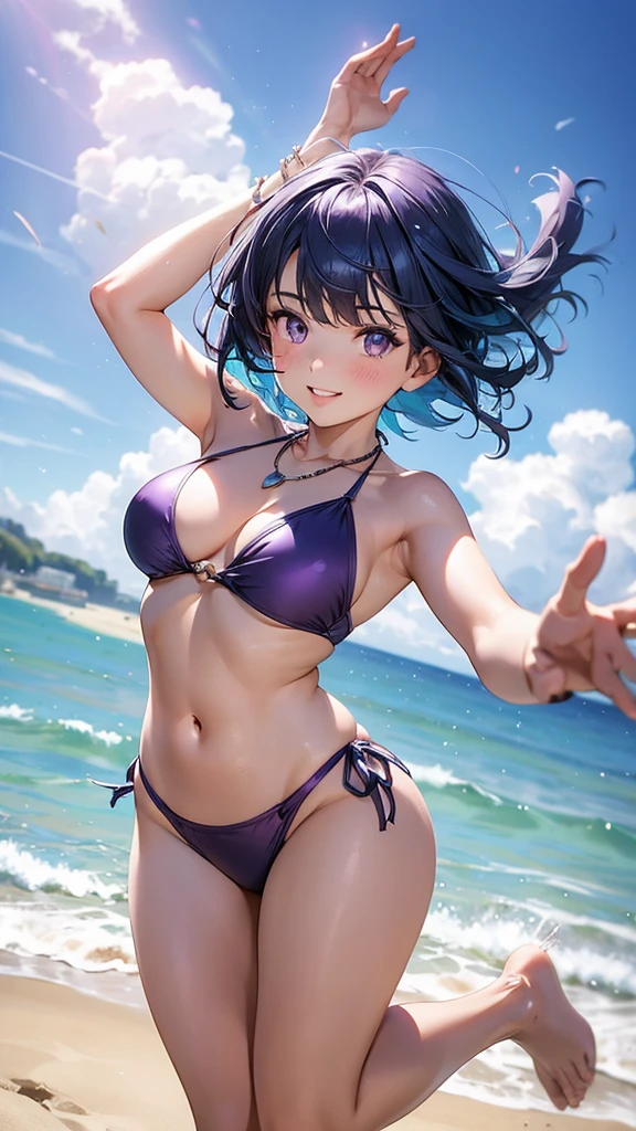 1girl, solo, bangs, blue hair, necklace, parted lips, purple eyes, short hair, smile, solo, two piece purple swimsuit, sandy pier background, jumping in the air, full body portrait