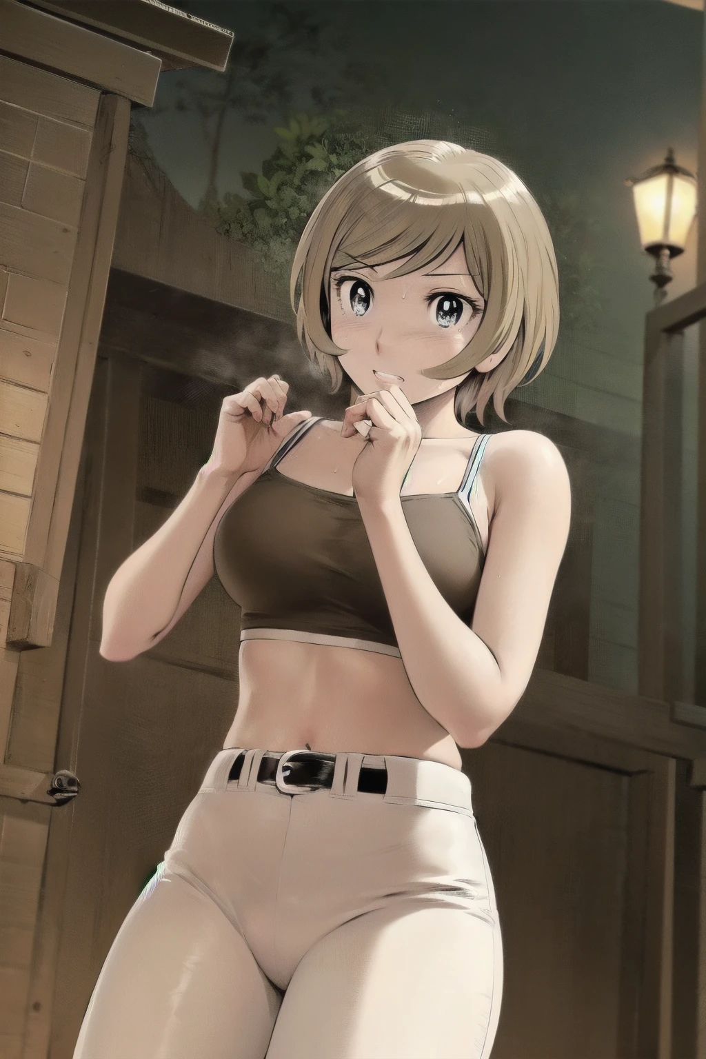 (Baseball uniforms:1.2),
blonde, (short hair:1.2),White trousers、Black belt、((Illustration of people))、Tube top bra、
View your viewers,, (Highest quality:1.3), White pants、Outdoor、baseball ground、ground、soil、blue eyeasterpiece、Highest quality)、Highest quality, Ultra-high resolution, (((masterpiece))), alone, Sweat、Big eyes、Large breasts、Torn clothes、 Fully exposed、Nipples、One Girl, Front view、Embarrassed face、Bronze colored hair、((short hair))、Stand up straight、Cowboy Shot