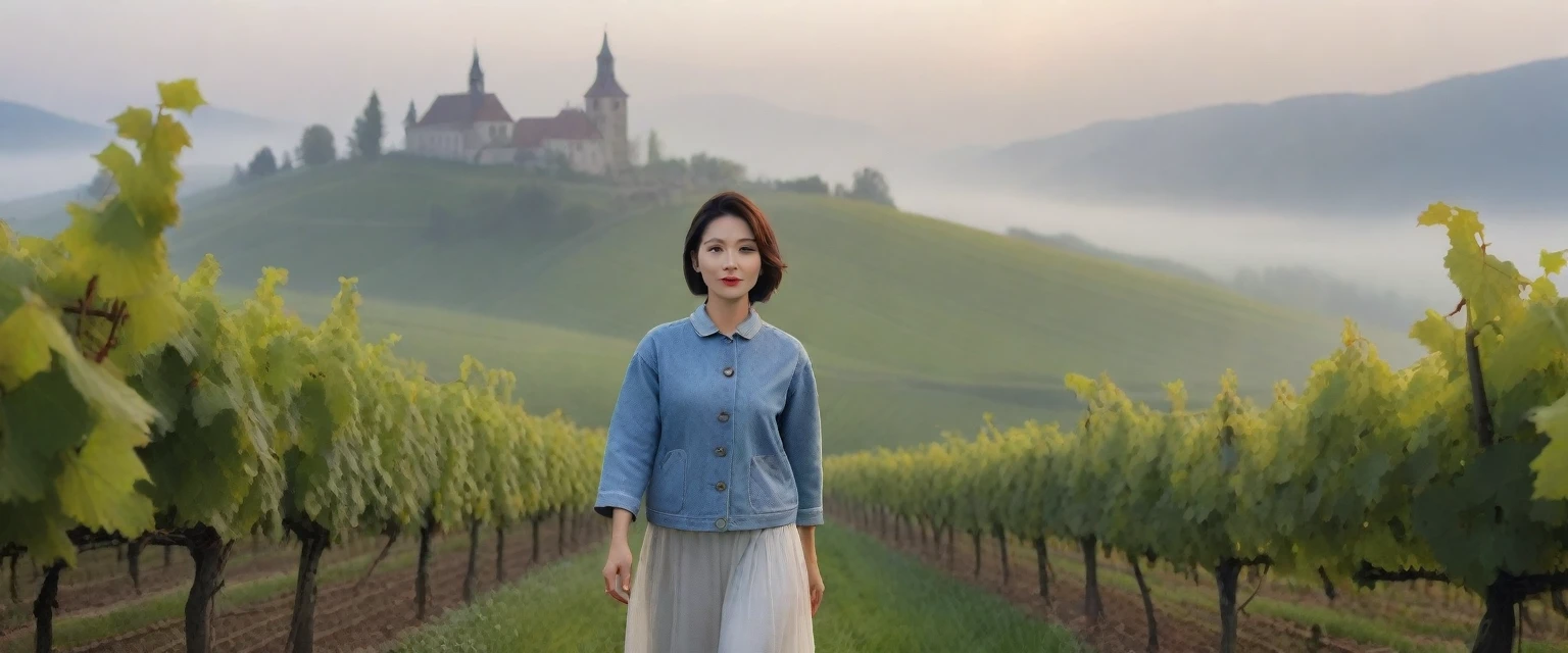 Woman in a beautiful landscape 8K highest quality, Beautiful 36-year-old Korean woman, Chest size 34 inches, Passing through the vineyards in the Swiss countryside, the cathedral is visible through the early morning fog., The back background is realistic and vivid image quality, medium hair, Casual and British - (summer jacket) ,Perfect and realistic photos, The background is realistic. Full body shot with Canon camera 16-35 wide angle lens, expressionless, Walking up a vineyard hill covered in thick fog., Looking at the front camera