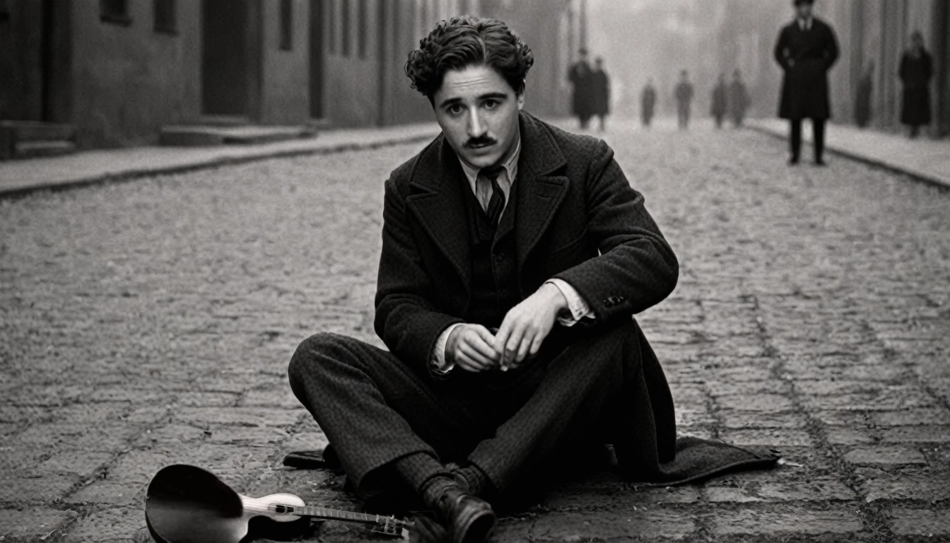 cinematic film still of  In the 1930's Charles Chaplin tocando Ukulelê; a man sitting on the ground wearing a ha and coat,standing alone,****ung boy,ha,monochrome,greyscale,male focus,parody,squatting down,realisitic,realisitic,真实感,perfection,perfect,cinematographic,retro,vintage,Classic,different haircut,different look,different style,1930s style , 1930s style, Shallow depth of field, vignette, highy detailed, high budget, bokeh, cinemascope, haperamental, epic, marvelous, Film grain, grainy