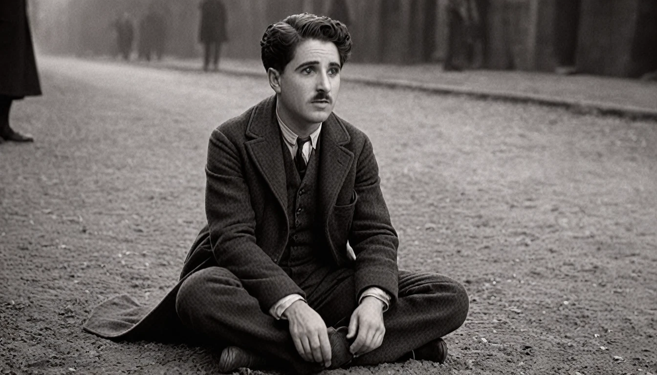 cinematic film still of  In the 1930's Charles Chaplin tocando Ukulelê; a man sitting on the ground wearing a ha and coat,standing alone,****ung boy,ha,monochrome,greyscale,male focus,parody,squatting down,realisitic,realisitic,真实感,perfection,perfect,cinematographic,retro,vintage,Classic,different haircut,different look,different style,1930s style , 1930s style, Shallow depth of field, vignette, highy detailed, high budget, bokeh, cinemascope, haperamental, epic, marvelous, Film grain, grainy