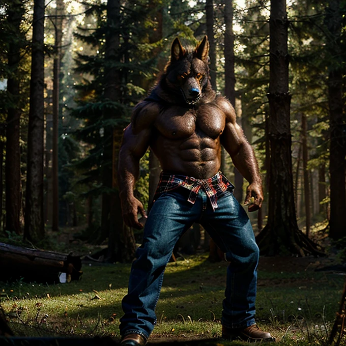 Masterpiece, High quality, absurd res, Digital painting \(artwork of a\), by Dagasi, Yupa,Kiyosan,(Fluffy fur:1.1),(Bright:0.8),anthro male wolf. (Red eyes,Black fur, There are abs,Full body fur, wolf snout:1.2), Bright eyes,in a panoramic view,Character focus.Detailed background,(nakeness, full of sweat,drools, The genitals,cum shots:),(outside, ln the forest:1.2)