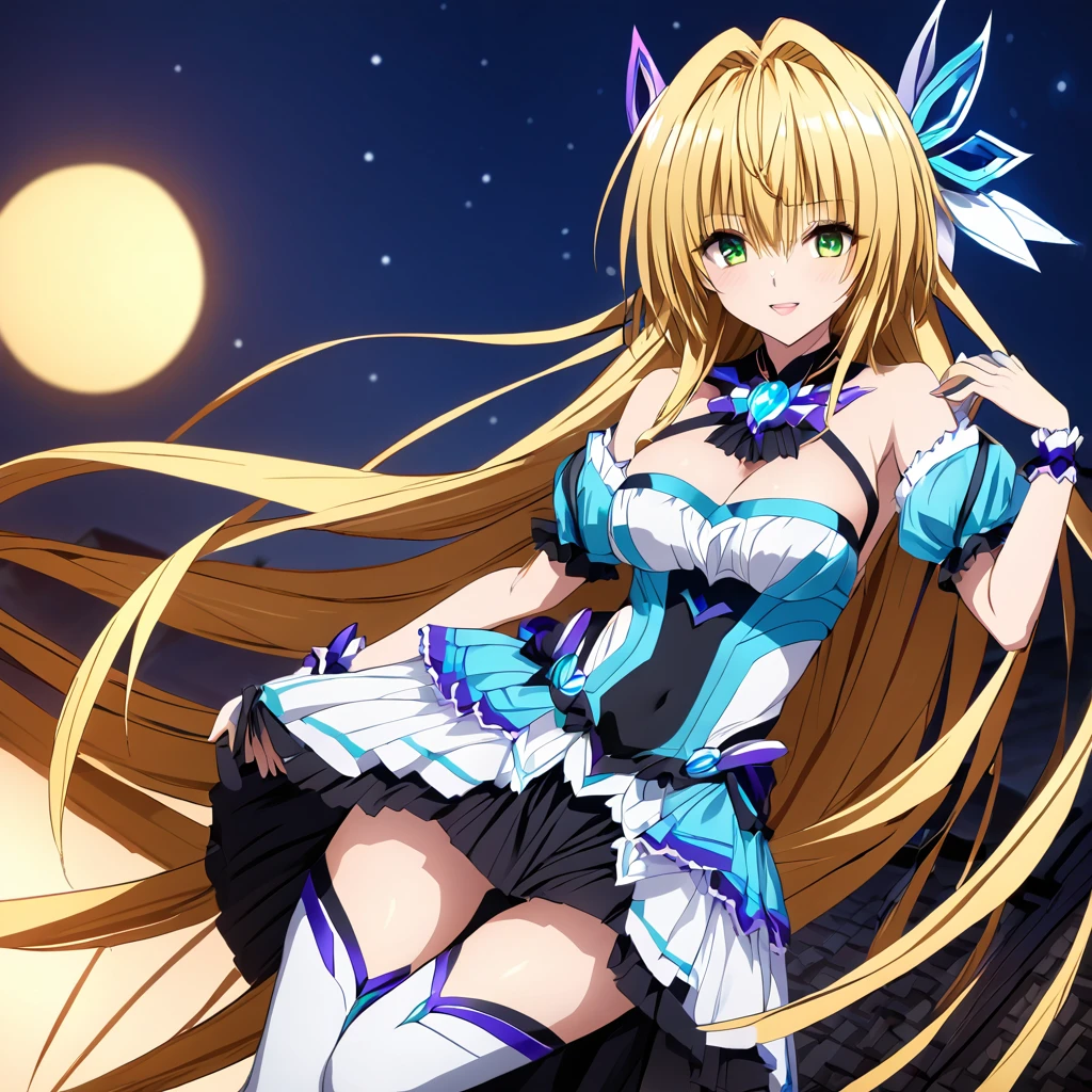 ((Highest quality)), ((masterpiece)), (detailed), （Perfect Face）、The woman is a beautiful, attractive adult female Tiare with green eyes, blonde medium-long hair, a transforming heroine, Extia Spica, posing with the night moon in the background.、The woman has fallen into evil and her clothes are black.