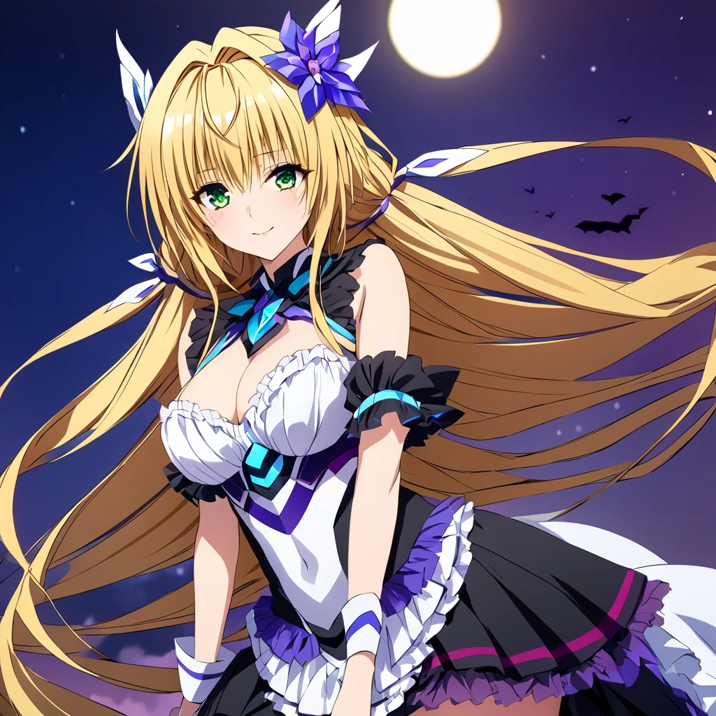 ((Highest quality)), ((masterpiece)), (detailed), （Perfect Face）、The woman is a beautiful, attractive adult female Tiare with green eyes, blonde medium-long hair, a transforming heroine, Extia Spica, posing with the night moon in the background.、The woman has fallen into evil and her clothes are black.