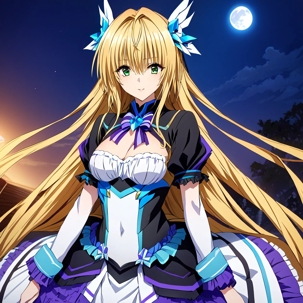 ((Highest quality)), ((masterpiece)), (detailed), （Perfect Face）、The woman is a beautiful, attractive adult female Tiare with green eyes, blonde medium-long hair, a transforming heroine, Extia Spica, posing with the night moon in the background.、The woman has fallen into evil and her clothes are black.