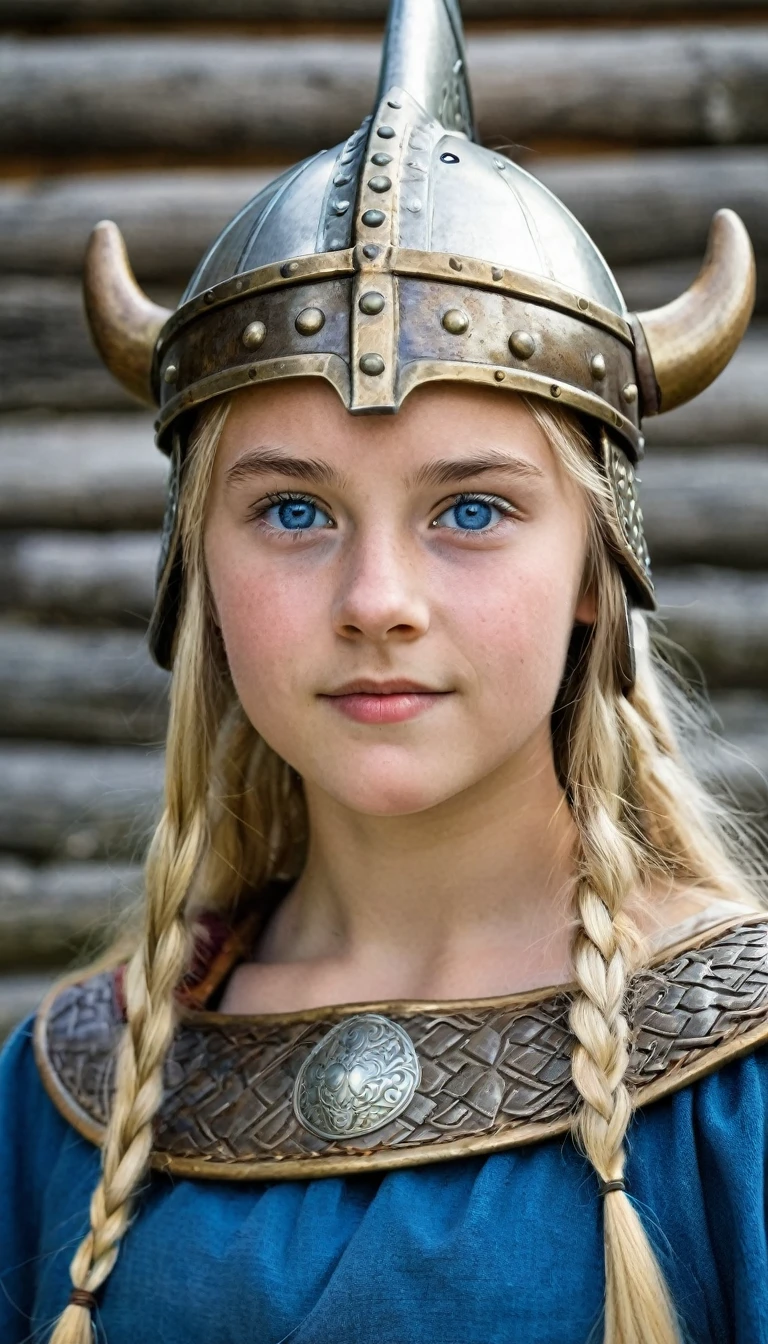 front view, Viking girl, century, looking at viewer, Sweden Young girl, beautiful female, 18 years old, (Highly detailed face, Ordinary eyes, Blue eye, gold hair, Variegated eyes, Fuller lips, little Lips, little smile), (Middle breasts, Slender Whist, Middle Hip) ,(Viking costume, clothes, Viking helmet), standing pose, near log house, evening