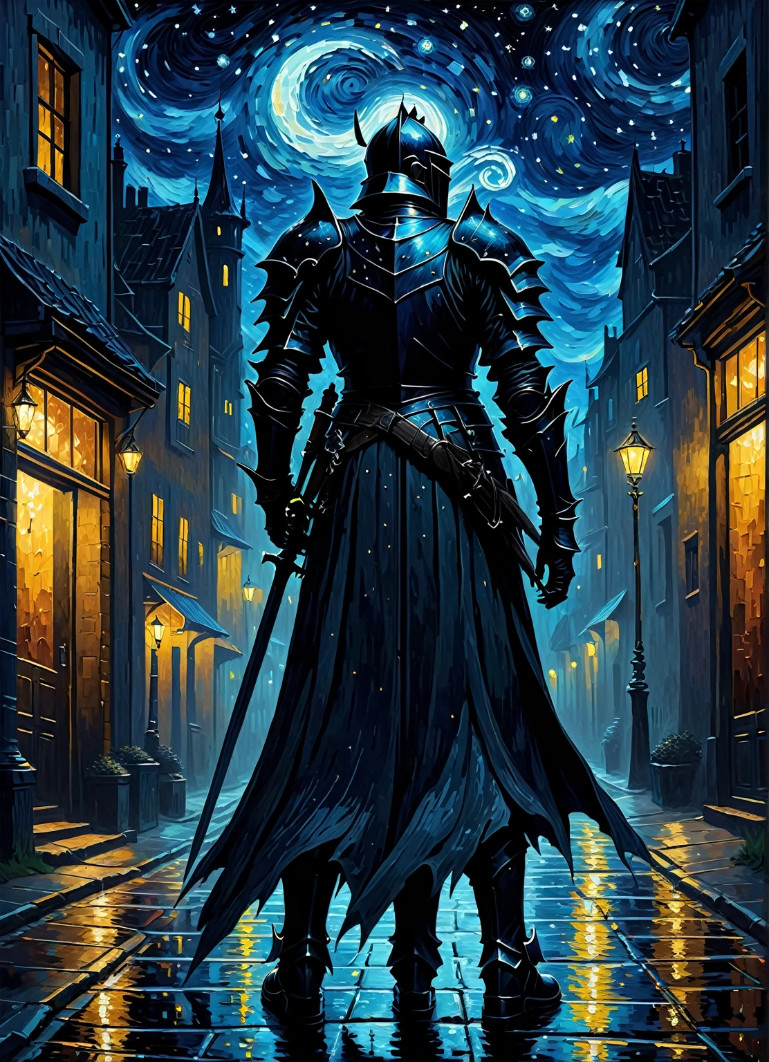 an oil painting of a fantasy evil knight silhouette on the street, style of van gogh, starry night vibes, expressionism, gloomy, dark tones, unforgettable, dark fantasy, fantasy, emotional depth. (vibrant masterpiece, (8k1.5), UHD, very detailed, high-quality, best artist, sharp edges, detailed textures, full view, atmospheric lighting, stunning visuals)