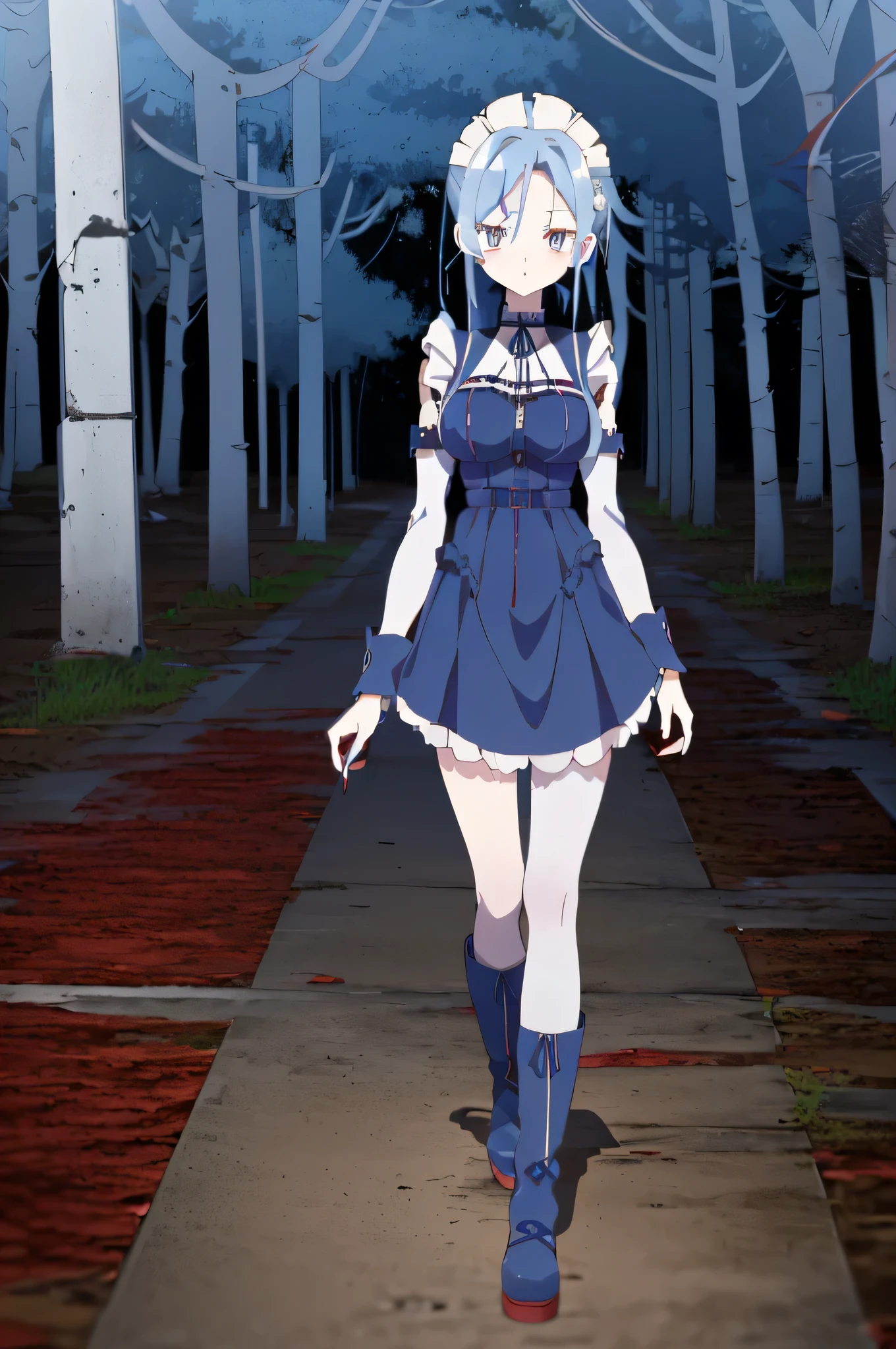 ((split-color hair,red hair,blue hair)),[(forest background:1.4)::5],original,(illustration:1.1),(best quality),(masterpiece:1.1),(extremely detailed CG unity 8k wallpaper:1.1), (colorful:0.9),(mid shot:0.95),(full body:1.5),Dynamic angle,(solo:1.2), (girl),((adult)), (detailed beautiful eyes:1.15), (beautiful face:1.15), (glowing red eyes:1.25////),((medium hair)),((split-color hair,red hair,blue hair)),(high twintails),(chignon),(+perfect hand+:1.21),(Draw an illustration of a gothic girl),(Religious),(slender),(is wearing boots on her feet),((is wearing white maid clothes)),(furious), Lace Off-shoulder lolita fashion,beautiful slender woman,high twintails,((split-color hair,red hair,blue hair)),((split-color hair,red hair,blue hair)),from side,((split-color hair,red hair,blue hair)),((split-color hair,red hair,blue hair)),((black boots)),((split-color hair,red hair,blue hair)),((black boots)),