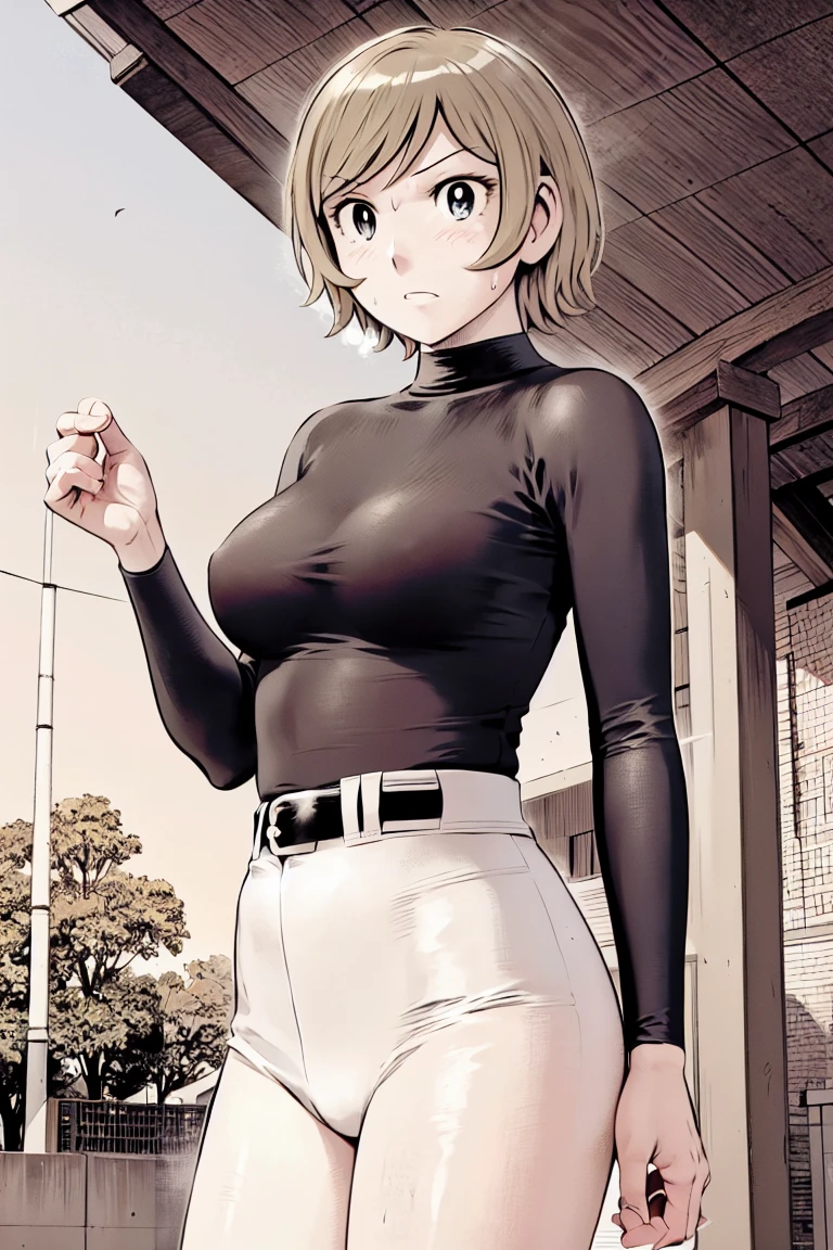 (野球uniform:1.2),
blonde, (short hair:1.2),Long sleeve, Black Shirt, turtleneck,White trousers、uniform、Black belt、((Illustration of a person))、big 、Muddy、Soil stains、ドロドロのuniform、
View your audience,, (Highest quality:1.3),One Girl, White pants、uniform、Outdoor、baseball ground、ground、soil、blue eyes、Tight black shirt、(masterpiece、Highest quality)、Highest quality, Ultra-high resolution, (((masterpiece))), alone, Sweat、big eyes、big Breasts、Torn clothes、 Fully exposed、Nipples、One Girl, Front view、Embarrassed face、Bronze colored hair、((short hair))、Stand up straight、Cowboy Shot
