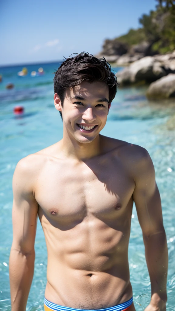 male Age 24 swimwear topless smile