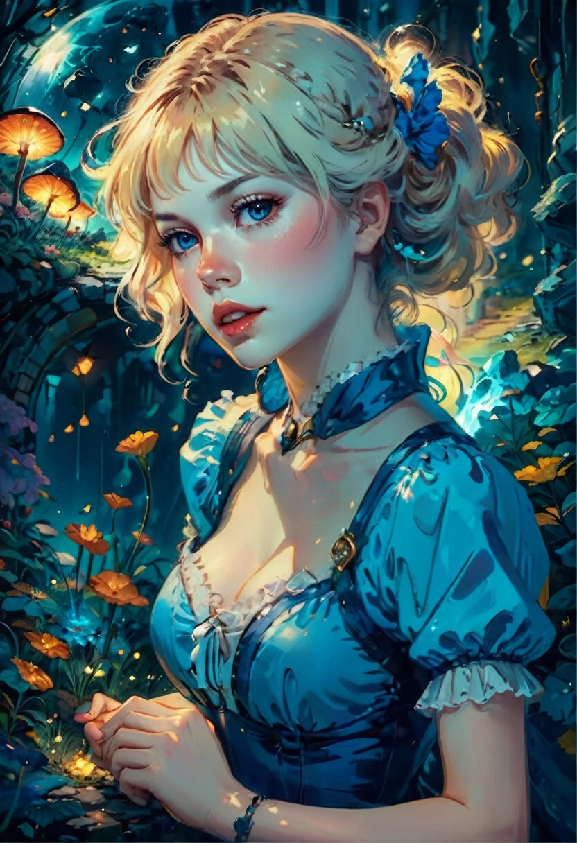 a beautiful 20 year old blonde woman with big messy hair in a blue dress, white stockings, black headband, cleavage, holding a glowing mushroom, fantasy art style, rossdraws cartoon vibrant, alice x. zhang, alice in wonderland cyberpunk, cute detailed digital art, colorfull digital fantasy art, digital fantasy art ), glossy digital painting, rossdraws pastel vibrant, rossdraws 2. 5, rossdraws 1. 0