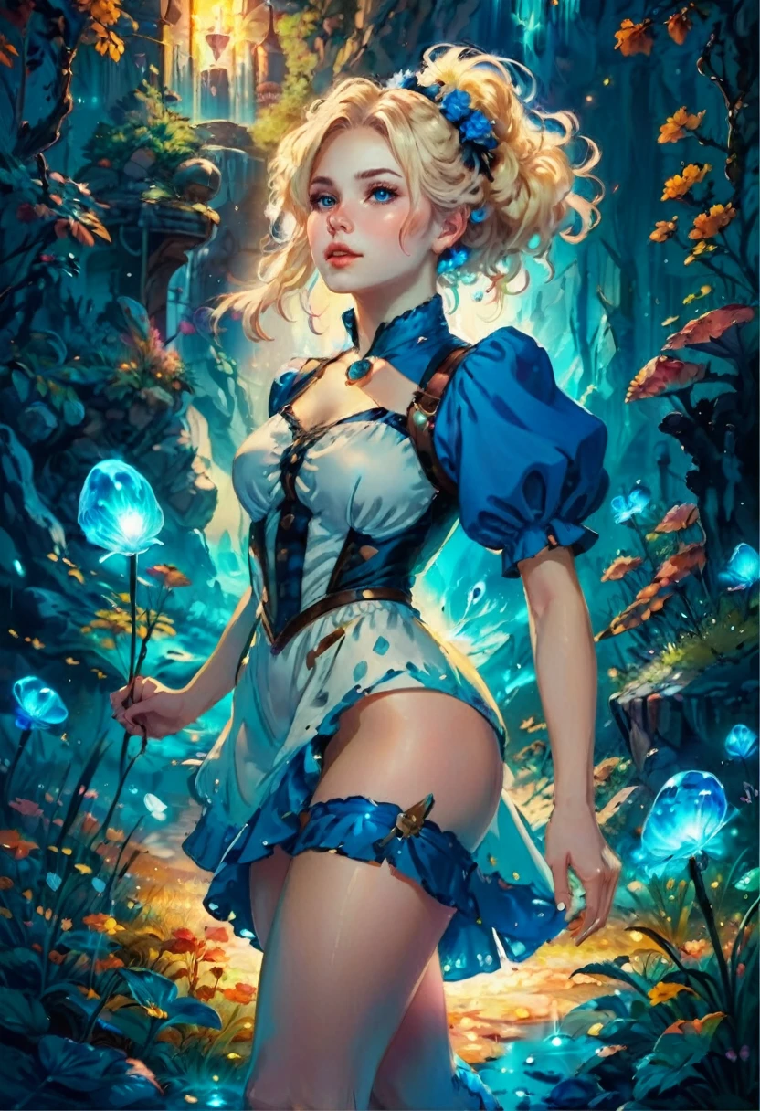 a beautiful 20 year old blonde woman with big messy hair in a blue dress, white stockings, black headband, cleavage, holding a glowing mushroom, fantasy art style, rossdraws cartoon vibrant, alice x. zhang, alice in wonderland cyberpunk, cute detailed digital art, colorfull digital fantasy art, digital fantasy art ), glossy digital painting, rossdraws pastel vibrant, rossdraws 2. 5, rossdraws 1. 0