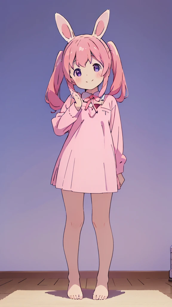 ((masterpiece))((Highest quality))Rabbit Ears、girl、smile、blush、Flat Chest、Are thin、Pink Hair、blush、Are standing、Whole body image、Even your toes are visible、Eye level on face、front、No background、Rabbit Pose、真frontのアングル、Pigtails、uniform