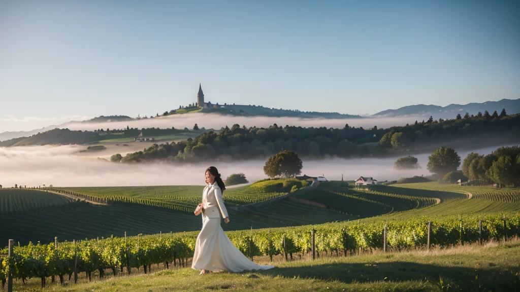 Woman in a beautiful landscape 8K highest quality, Beautiful 36-year-old Korean woman, Chest size 34 inches, Passing through the vineyards in the Swiss countryside, the cathedral is visible through the early morning fog., The back background is realistic and vivid image quality, medium hair, Casual and British - (summer jacket) ,Perfect and realistic photos, The background is realistic. Full body shot with Canon camera 16-35 wide angle lens, expressionless, Walking up a vineyard hill covered in thick fog., Looking at the front camera