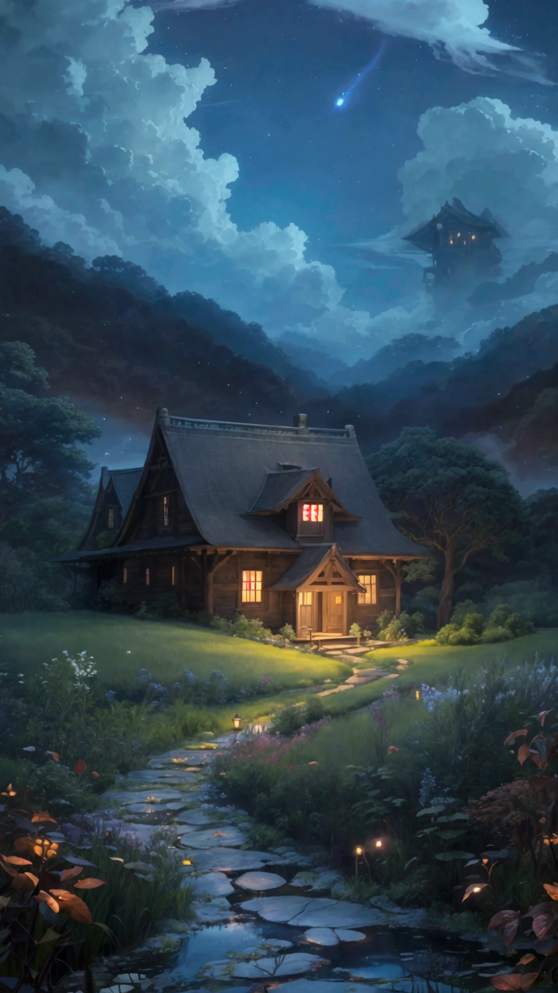 Rural landscape、Ghibli style、night、Mysterious house、Fantastic scene、Images that make your heart flutter when you see them、super high quality、Amazing CG、Highly detailed images。night空にオーロラが舞い、Fireflies are flying around the house。There is a wooden house、Blue light is leaking from the window。There are various things around the house.々A mysterious plant with a strange shape grows here.、There is a small pond、There are mysterious creatures living there。The whole atmosphere is fantastic.、A landscape that makes you feel like you've wandered into another world。