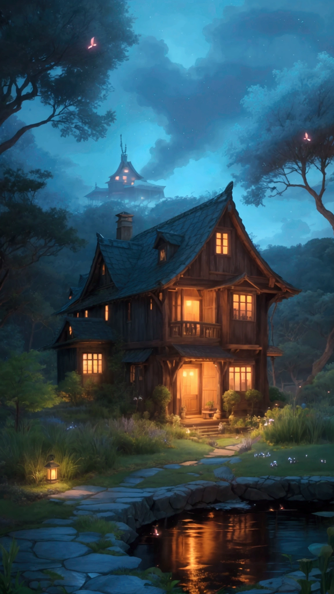 Rural landscape、Ghibli style、night、Mysterious house、Fantastic scene、Images that make your heart flutter when you see them、super high quality、Amazing CG、Highly detailed images。night空にオーロラが舞い、Fireflies are flying around the house。There is a wooden house、Blue light is leaking from the window。There are various things around the house.々A mysterious plant with a strange shape grows here.、There is a small pond、There are mysterious creatures living there。The whole atmosphere is fantastic.、A landscape that makes you feel like you've wandered into another world。