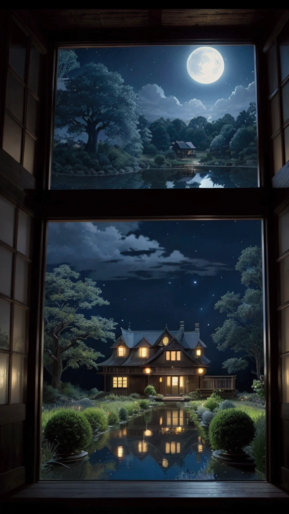 Rural landscape、Ghibli style、night、Mysterious house、Fantastic scene、Images that make your heart flutter when you see them、super high quality、Amazing CG、Highly detailed images。night空にオーロラが舞い、Fireflies are flying around the house。There is a wooden house、Blue light is leaking from the window。There are various things around the house.々A mysterious plant with a strange shape grows here.、There is a small pond、There are mysterious creatures living there。The whole atmosphere is fantastic.、A landscape that makes you feel like you've wandered into another world。