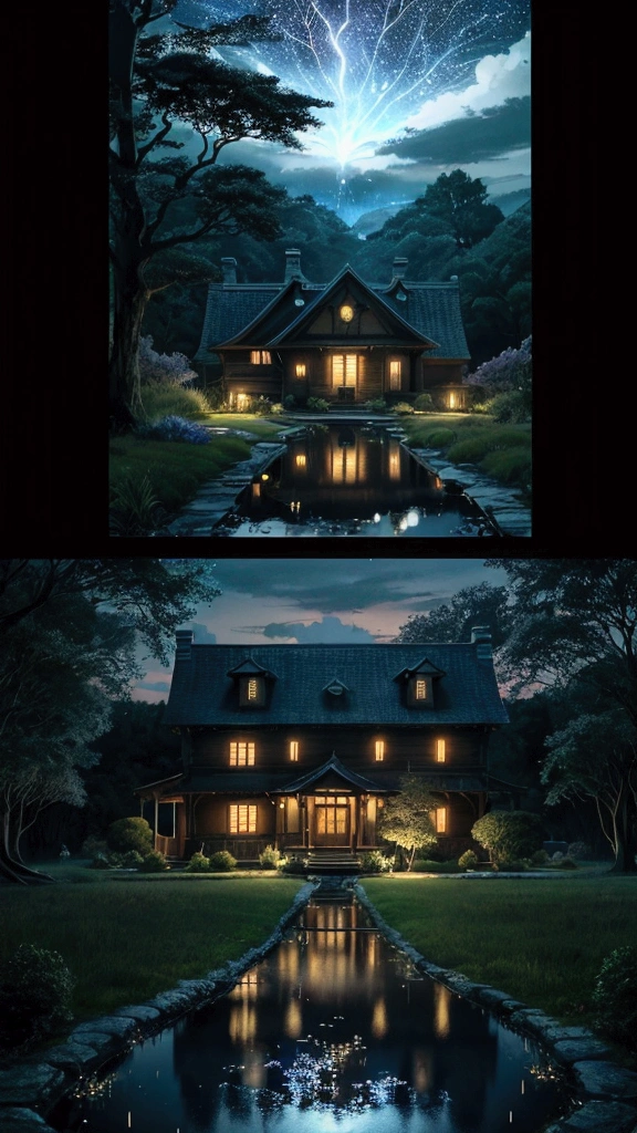 Rural landscape、Ghibli style、night、Mysterious house、Fantastic scene、Images that make your heart flutter when you see them、super high quality、Amazing CG、Highly detailed images。night空にオーロラが舞い、Fireflies are flying around the house。There is a wooden house、Blue light is leaking from the window。There are various things around the house.々A mysterious plant with a strange shape grows here.、There is a small pond、There are mysterious creatures living there。The whole atmosphere is fantastic.、A landscape that makes you feel like you've wandered into another world。