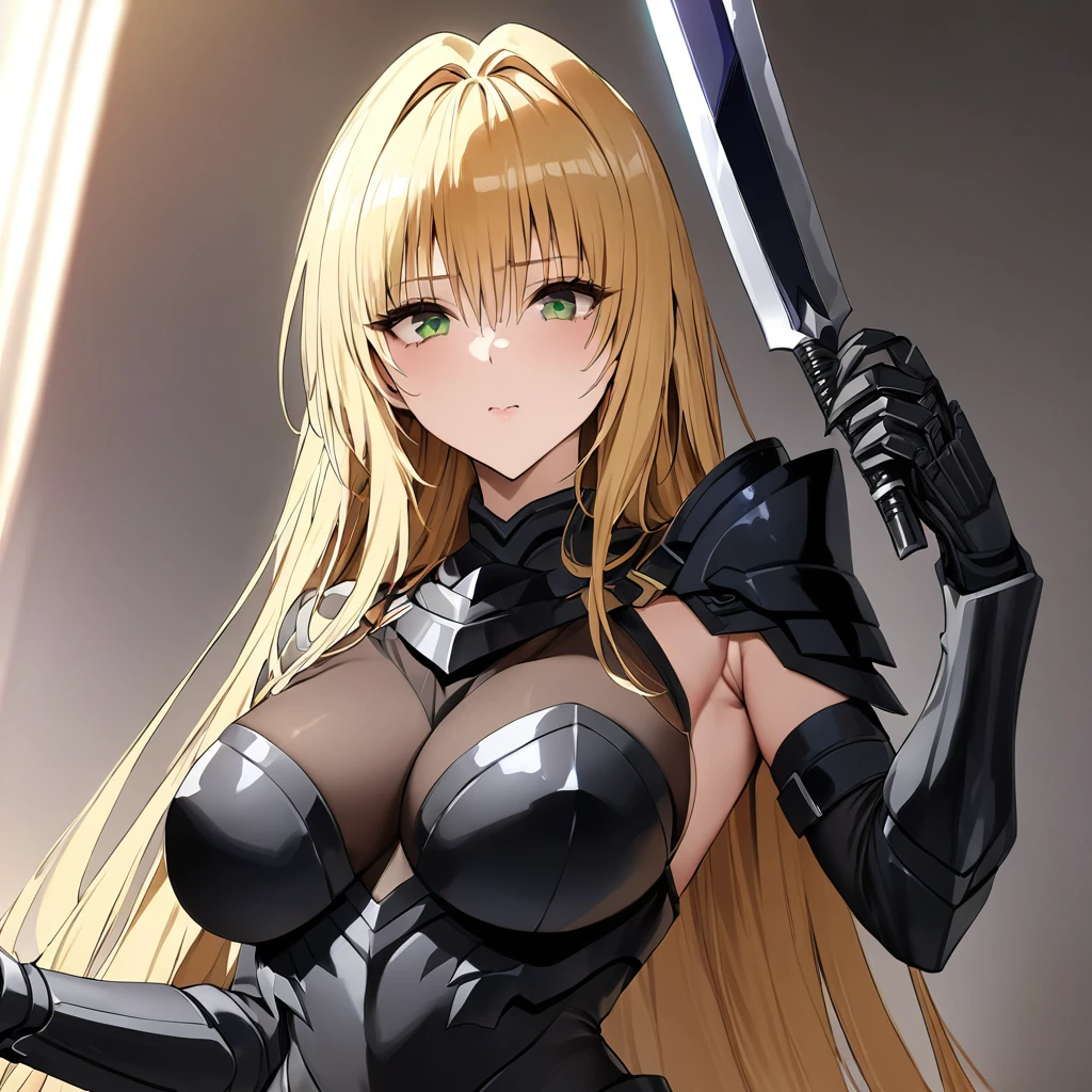 ((Highest quality)), ((masterpiece)), (detailed), (Perfect Face)、The woman is Tiare, a female dark knight with green eyes and medium-long blonde hair, wearing dark knight armor and holding a dark sword.