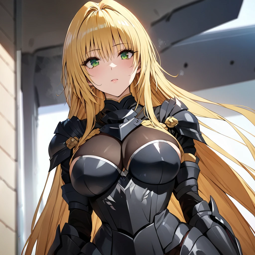 ((Highest quality)), ((masterpiece)), (detailed), （Perfect Face）、The woman is Tiare, a female dark knight with green eyes and medium-long blonde hair, wearing dark knight armor and holding a dark sword.