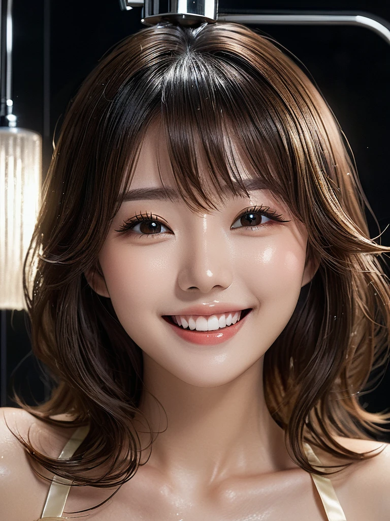 product quality, 1girl, full body shot, front view, a Japanese young pretty girl, shoulder length hair, wearing only a silky satin light yellow apron with white frills over her naked body with a big smile, taking a shower in a luxury shower room, glamorous figure, wet hair, wet body, busty, hyper cute face, glossy lips, double eyelids in both eyes, natural makeup, long eyelashes, shiny smooth light brown hair, asymmetrical bangs, fair skin, central image, high resolution, high detail, detailed hairstyle, detailed face, cinematic lighting, octane rendering, vibrant, hyper realistic, perfect limbs, perfect anatomy