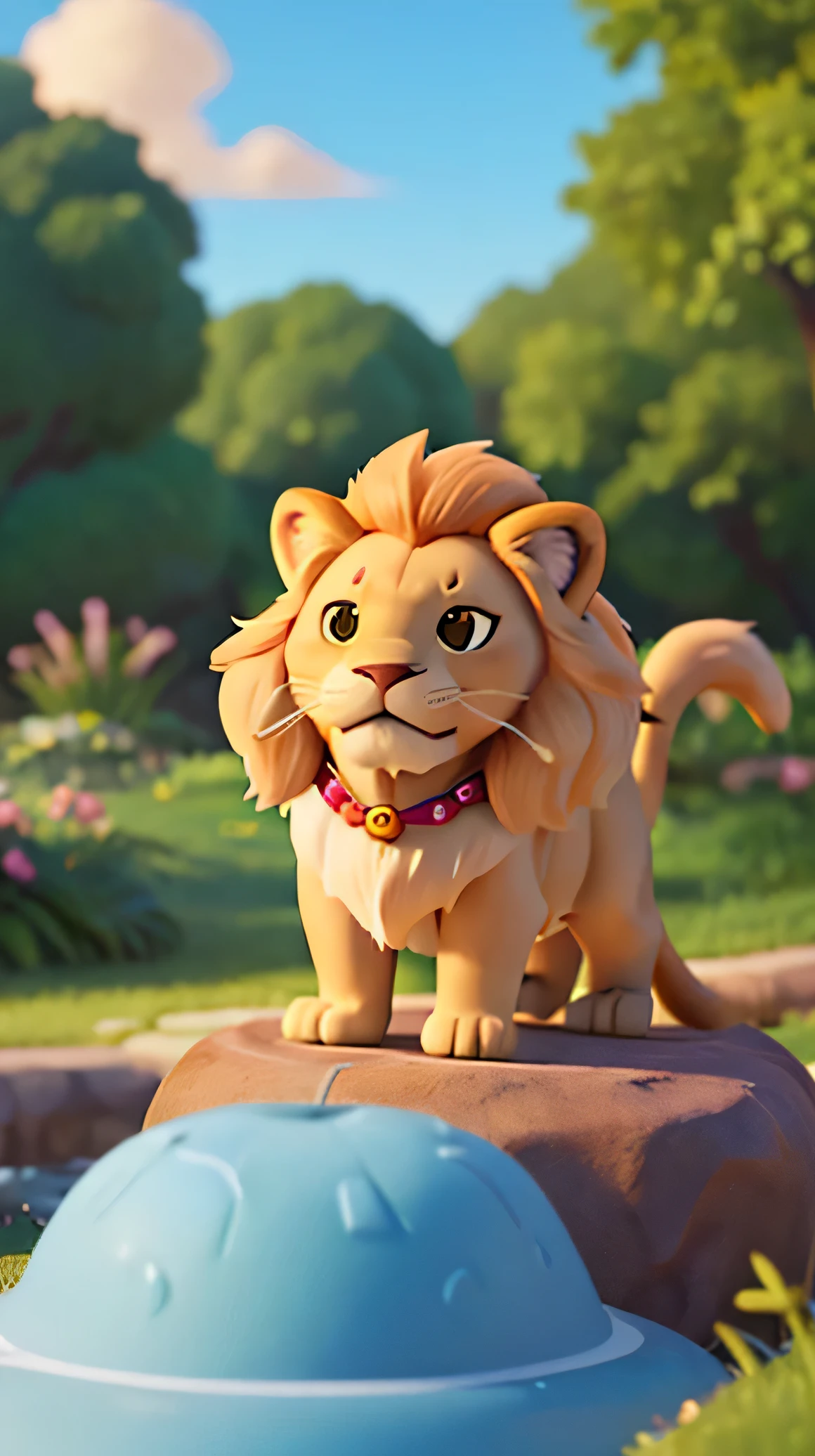 cene: A charming small lion in the style of Disney animation. Details: The small lion is rendered with the classic, whimsical charm typical of Disney characters. It has smooth, flowing lines, big expressive eyes, and a friendly, playful demeanor. The lion's fur is beautifully detailed, with subtle shading and highlights that give a sense of depth and softness. The character is animated with a sense of life and personality, making it appear endearing and lively. Pose: The small lion is depicted in a playful pose, perhaps mid-roar with its paws slightly raised, or sitting gracefully with a curious tilt of its head. Atmosphere: The overall atmosphere is light-hearted and magical, evoking the enchanting quality of Disney animation. Environment: The background can be a simple, soft-focus nature scene with lush greenery and bright, colorful flowers, or a serene blue sky with fluffy white clouds. The setting complements the lion, enhancing its charm without overwhelming the main focus. Style: Illustrated in the classic Disney animation style, the artwork captures the playful, whimsical essence of the character. The lines are clean and the colors are vibrant, making the small lion stand out beautifully. Lighting and Effects: The lighting is soft and warm, creating a welcoming and joyful atmosphere. The gentle shadows and highlights add to the sense of depth and realism, making the character feel like it’s come to life straight out of a Disney film. Overall Impact: The scene is a delightful and enchanting animation-style illustration, showcasing a charming small lion in a whimsical Disney fashion. The combination of the expressive character, detailed rendering, and magical atmosphere creates a heartwarming and captivating composition. The lion is shown fully, with no parts of its body cropped or cut off.