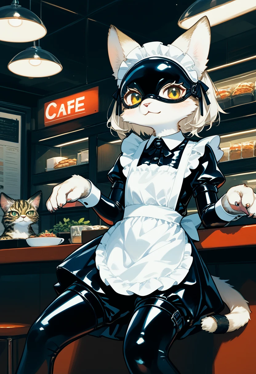 Highest quality, Highest quality, High quality illustrations, masterpiece, Ultra-high resolution, Detailed Background, Cafe, Absurd, Perfect Anatomy, performance, Good lighting, Shadows in the movies(kemono, Furry PersonifiCation), Cat, White Skin, Rubber suit, Rubber suit, latex, neon, neonライト, neonカラー, Rubber maid outfit, ribbon, Rubber mask