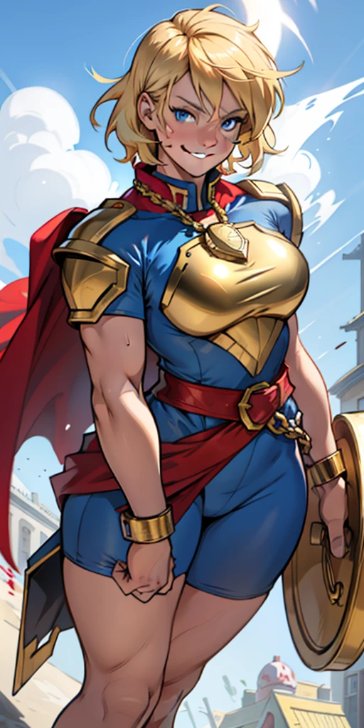 Young female, blonde with short hair, with big, bright blue eyes, wearing a blue costume, defined chest, wearing a golden shoulder pad in the shape of an eagle, with a golden chain running across his chest holding a red cape Smiling with blood splash on face and clothes