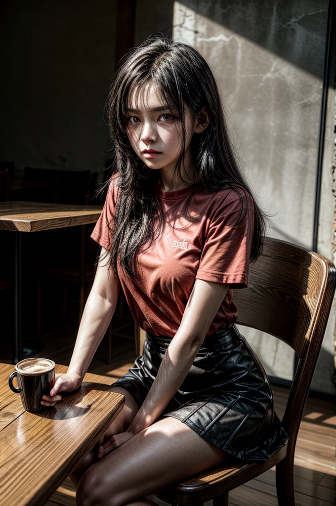 1 girl, red shirt, black pants, cafe table, sunrise, black hair, straight hair, blue eyes, solo, sitting on chair, looking at viewer, dramatic lighting, coffee on table