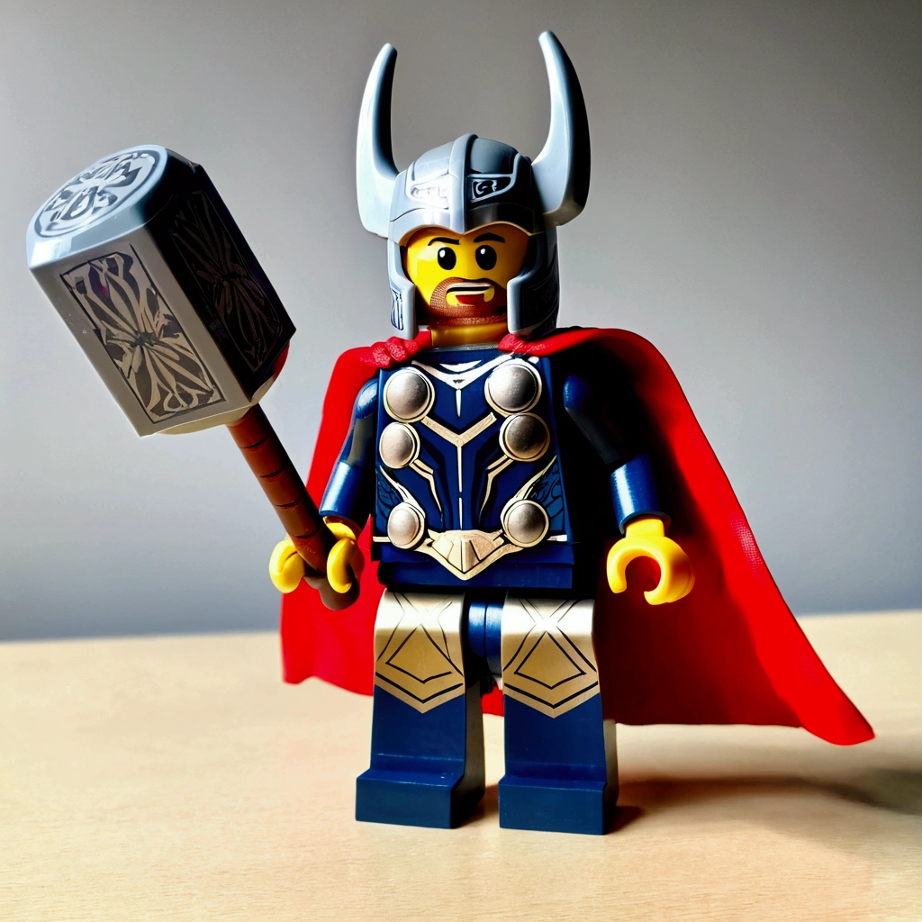 A photo of a lego like Thor toy, plastic, mini
