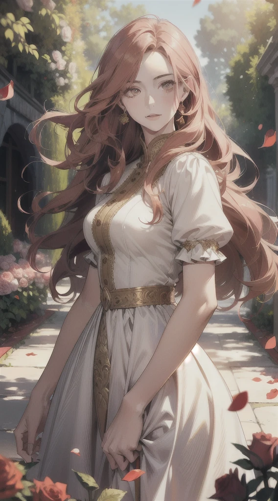 (masterpiece: 1.2, realistic: 1.37, ultra high resolution), female model, fair skin, long red wavy hair, golden eyes, white dress, in a sunlit garden, with rose petals everywhere, high contrast, dynamic, soft focus.