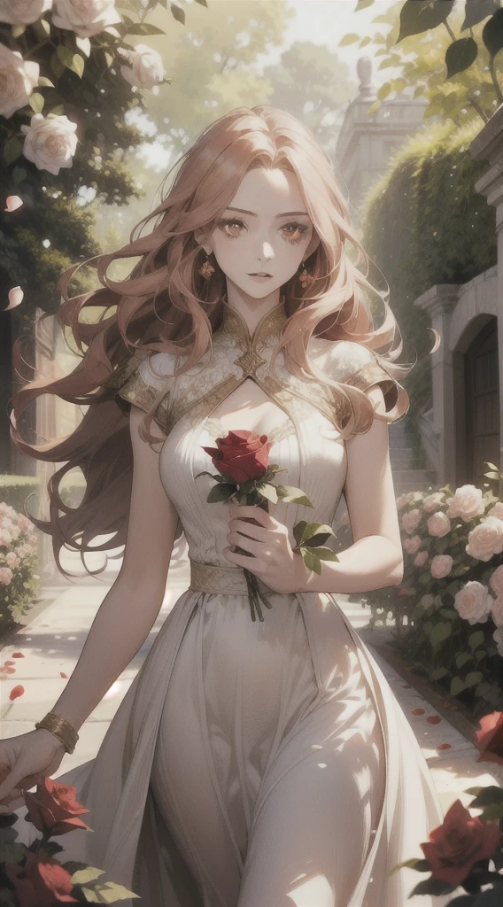 (masterpiece: 1.2, realistic: 1.37, ultra high resolution), female model, fair skin, long red wavy hair, golden eyes, white dress, in a sunlit garden, with rose petals everywhere, high contrast, dynamic, soft focus.