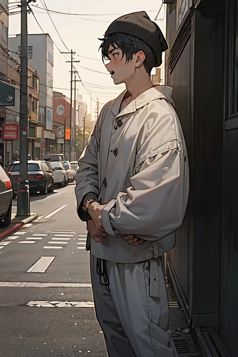 1 male, Faded Undercut Hair, Black Hair, Yawn, tired,Downcast , Pajama hats, Urban Background, Detailed Background, Hands at your side, standing on the path, at night