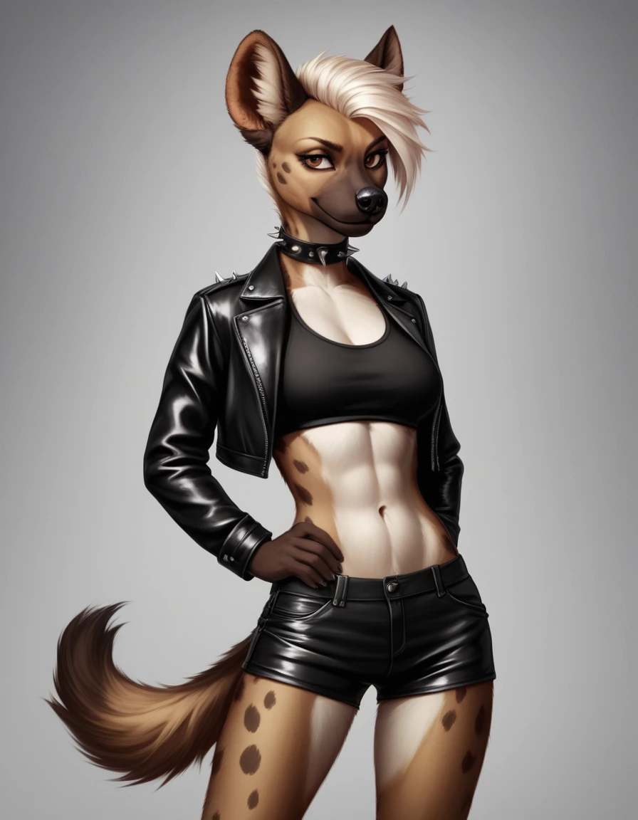 Solo, score_9, score_8, score_7, a tall female spotted hyena, brown snout, black nose, brown eyes, short spiked undercut platinum blonde hair, black lips, hyena tail, brown hyena ears, wearing black leather jacket, black crop top, black short shorts, arms crossed, spiked collar, soft smile, abstract grey background, realistic, hyperrealistic, hyper detailed, super detailed fur, fur is hyper detailed, photorealistic