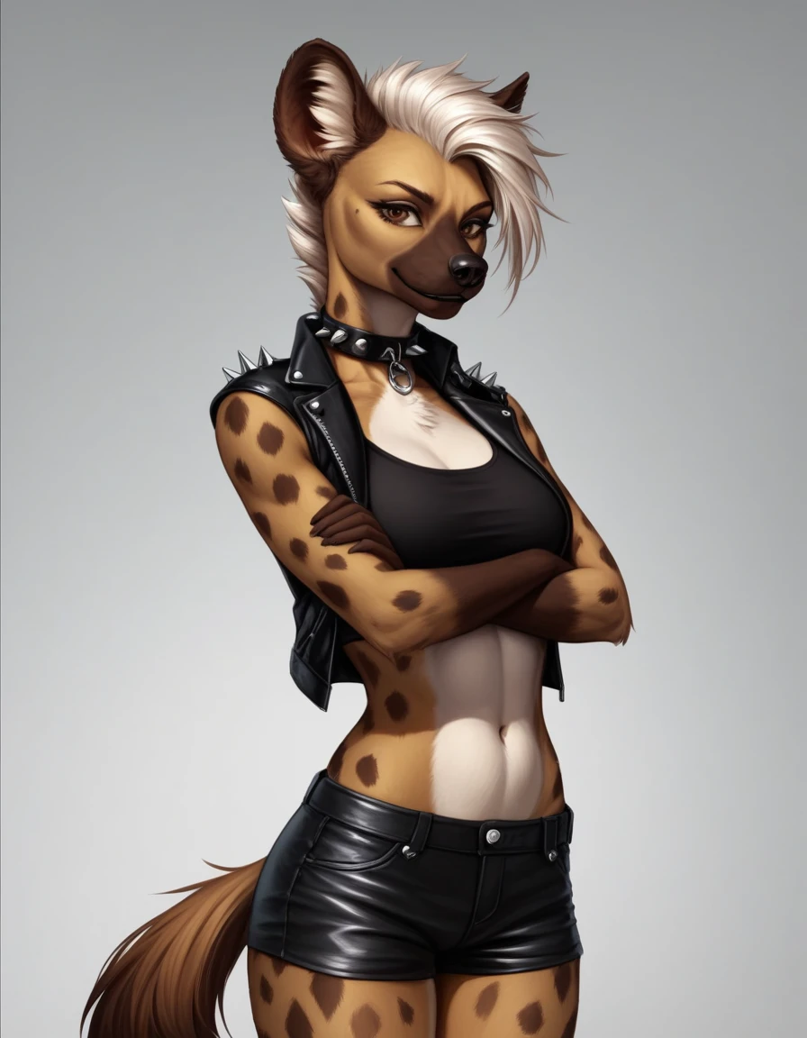 Solo, score_9, score_8, score_7, a tall female spotted hyena, brown snout, black nose, brown eyes, short spiked undercut platinum blonde hair, black lips, hyena tail, brown hyena ears, wearing black leather jacket, black crop top, black short shorts, arms crossed, spiked collar, soft smile, abstract grey background, realistic, hyperrealistic, hyper detailed, super detailed fur, fur is hyper detailed, photorealistic