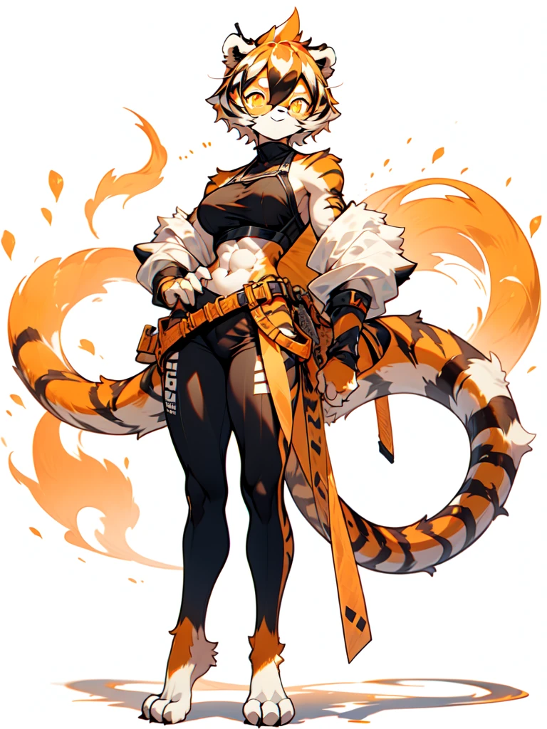 white background, full body, ((furry female:1.2)), Standing, animal ears, white hair, black hair, round eyewear, short hair, large breasts, muscle, tail, orange eyes, orange hair, multicolored hair, tiger girl, hair between eyes, tiger_ears, tiger_tail, orange-tinted_eyewear, tinted_eyewear, big breasts, evil smile, Shadows under feet, Abdominal muscles, (((Hooker outfit:1.2))), show body