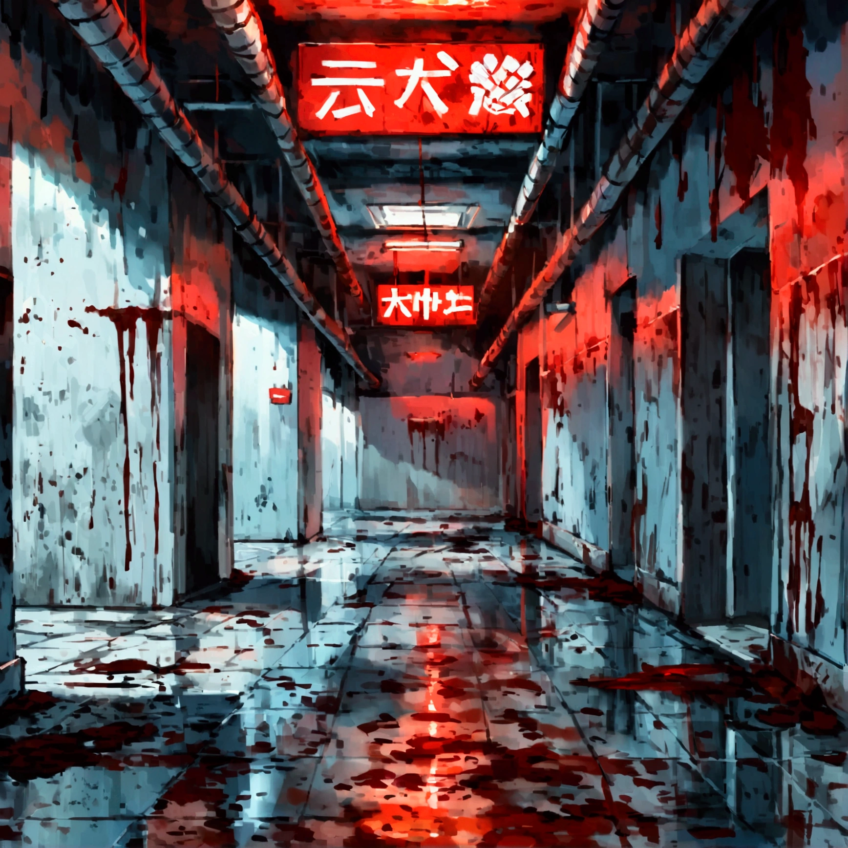 In a long and narrow corridor with stained and cracked gray concrete walls, flickering fluorescent lights cast unsettling shadows. The floor is made of worn and dirty tiles. On the ceiling, at the end of the corridor, a dimly glowing red exit sign is covered with slowly dripping blood stains. Near the exit sign, blood smears on the nearby walls suggest a recent violent event. The weak and irregular lighting creates deep and distorted shadows, highlighting the exit sign with its blood marks, resulting in a dramatically impactful and disturbing image.