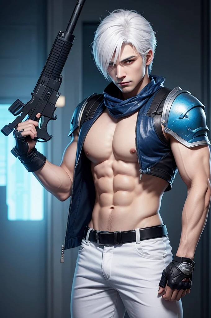 Create ff character with white hair, normal face and blue chest and a gun on his back
