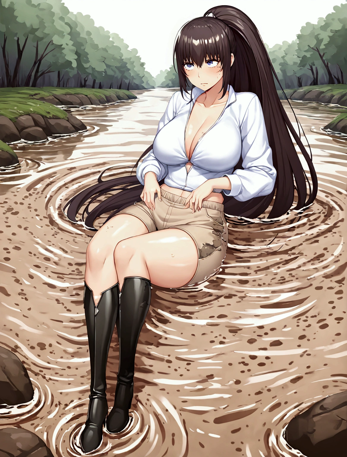 Woman drowning in a swamp,Muddy River, riverbed, cloudy, Uneasy atmosphere,Painful face,Beige shorts,Black thigh-high boots,ponytail,