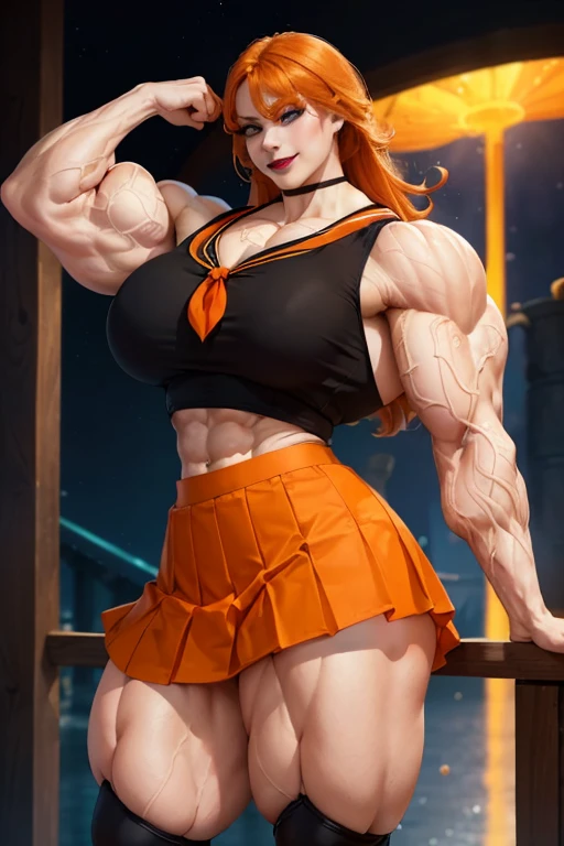 ((((Massive tall, beautiful, buff, pale white skinned muscular woman with orange hair, black lipstick, ginormous bulky muscles and wearing a beautiful orange sailor top with long sailor skirt)))), (close view), (massive muscles), long shaggy hair, ((long orange sailor skirt)), green eyes, choker, (((beautiful orange sailor top))), belt, thigh high socks, black boots, (in the docks), (closed smile), night, massive muscles