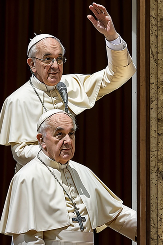 Pope's hand with sharp red nails holding a papal staff with sleeve in gold embroidery and jewels in a dark and gloomy atmosphere