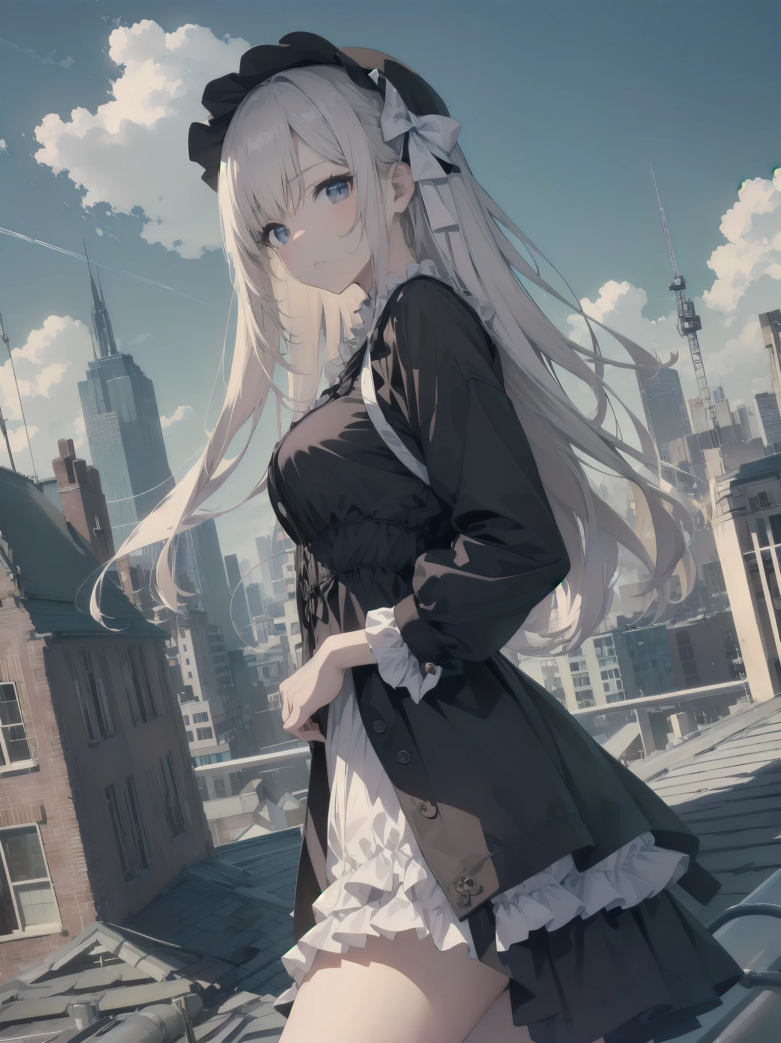 masterpiece、so beautiful、Clear contours、Cute pose of a ta aristocrat、(building, city, cloudy null, Dutch Angle, From the side, Slight frown, View your viewers, Outdoor, rooftop, null, nullscraper