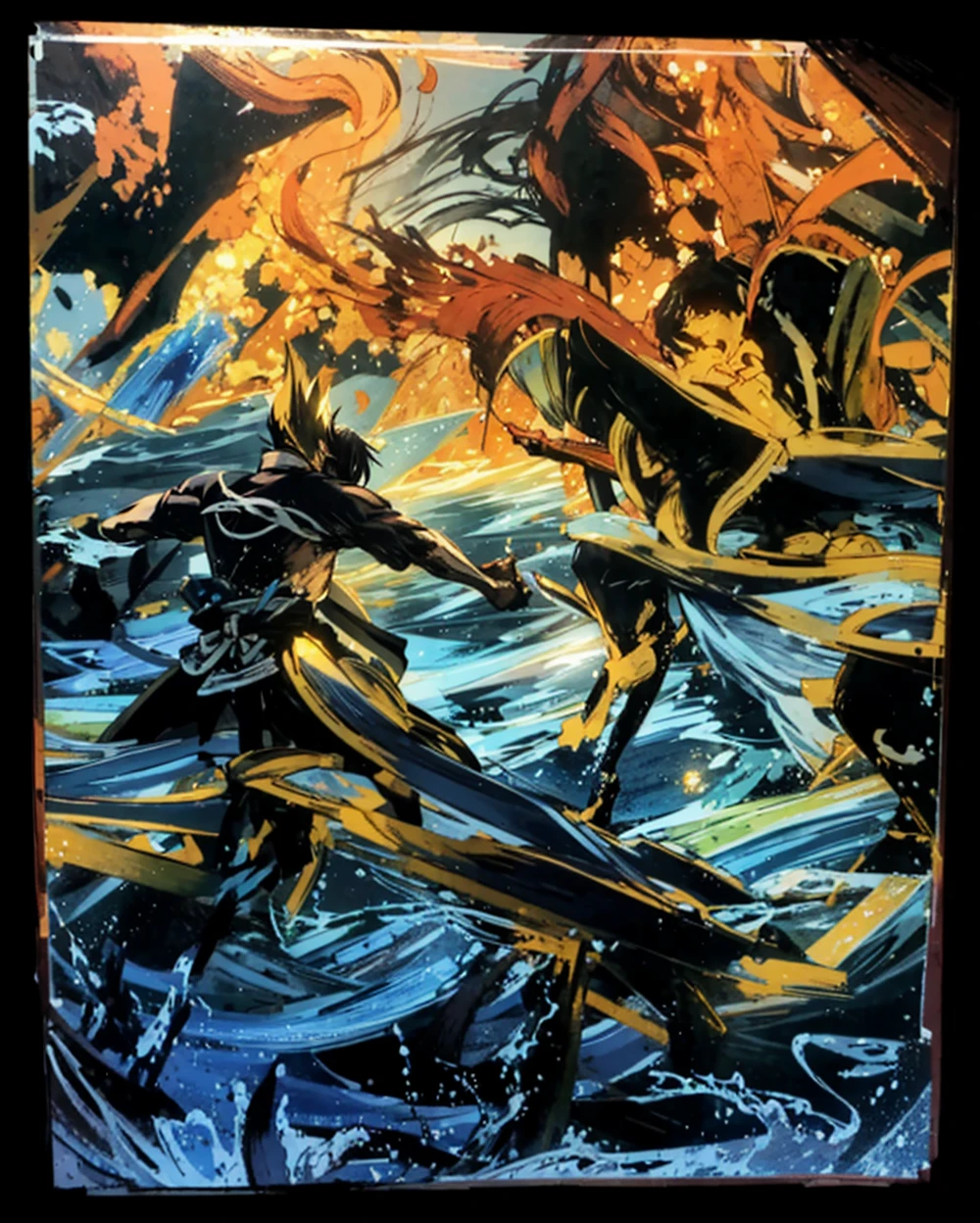 There are two martial arts characters confronting each other in the picture,In the middle left of the picture is a hero practicing martial arts while standing on the sea with his left arm broken off.,In the middle right of the picture, the side face of a classic long-haired beauty is floating in the air.。turbulent weather,terrain changes,The colors are distinct and blended,Clear changes in light and shadow,Silky smooth and delicate watercolor painting