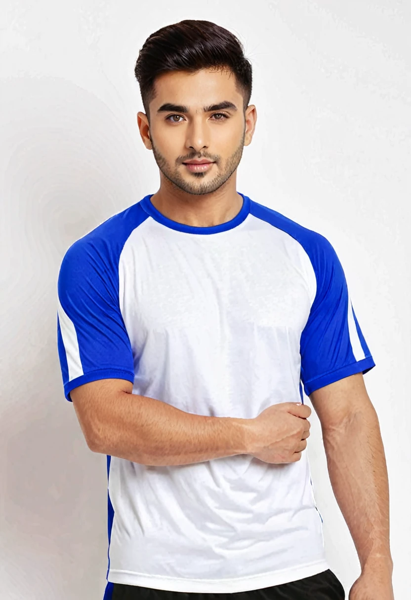 white sports t-shirt with royal blue sleeve border