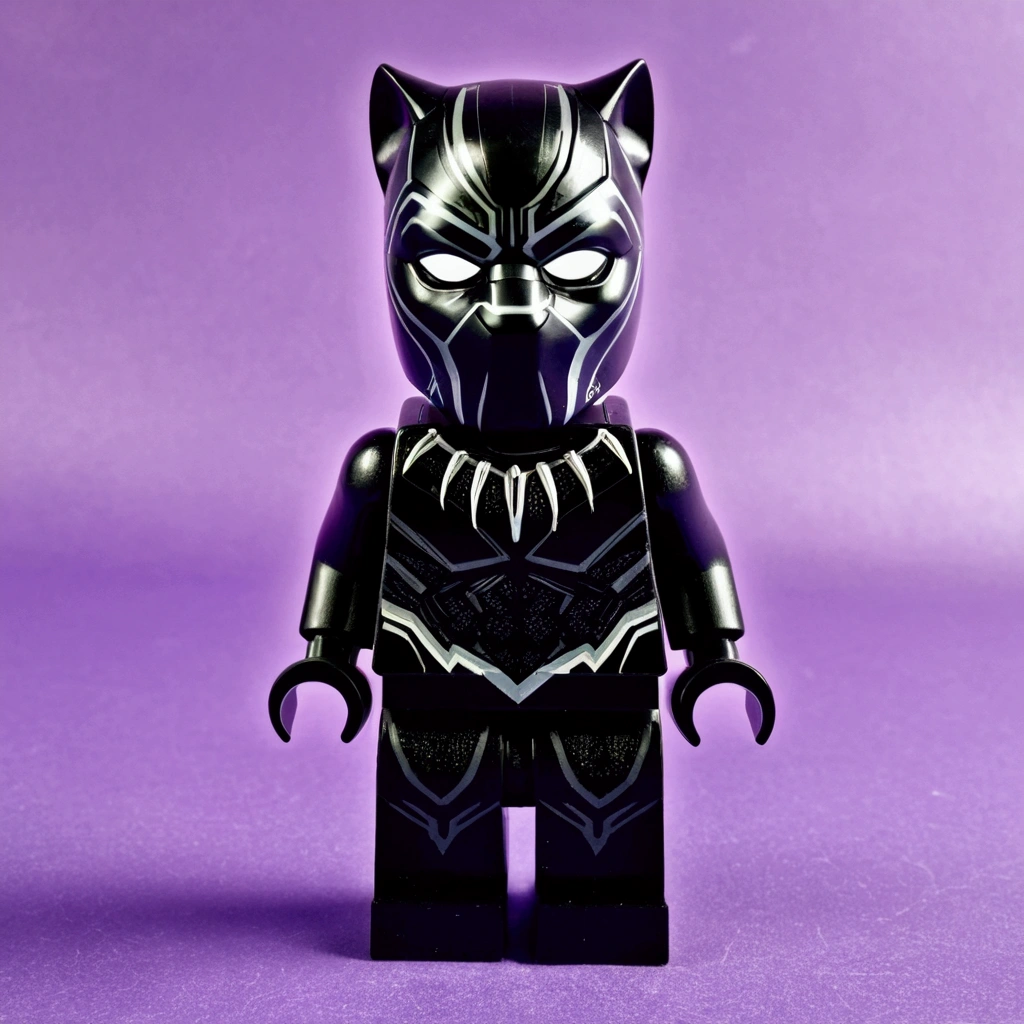 A photo of a lego like Black Panther toy, plastic, mini