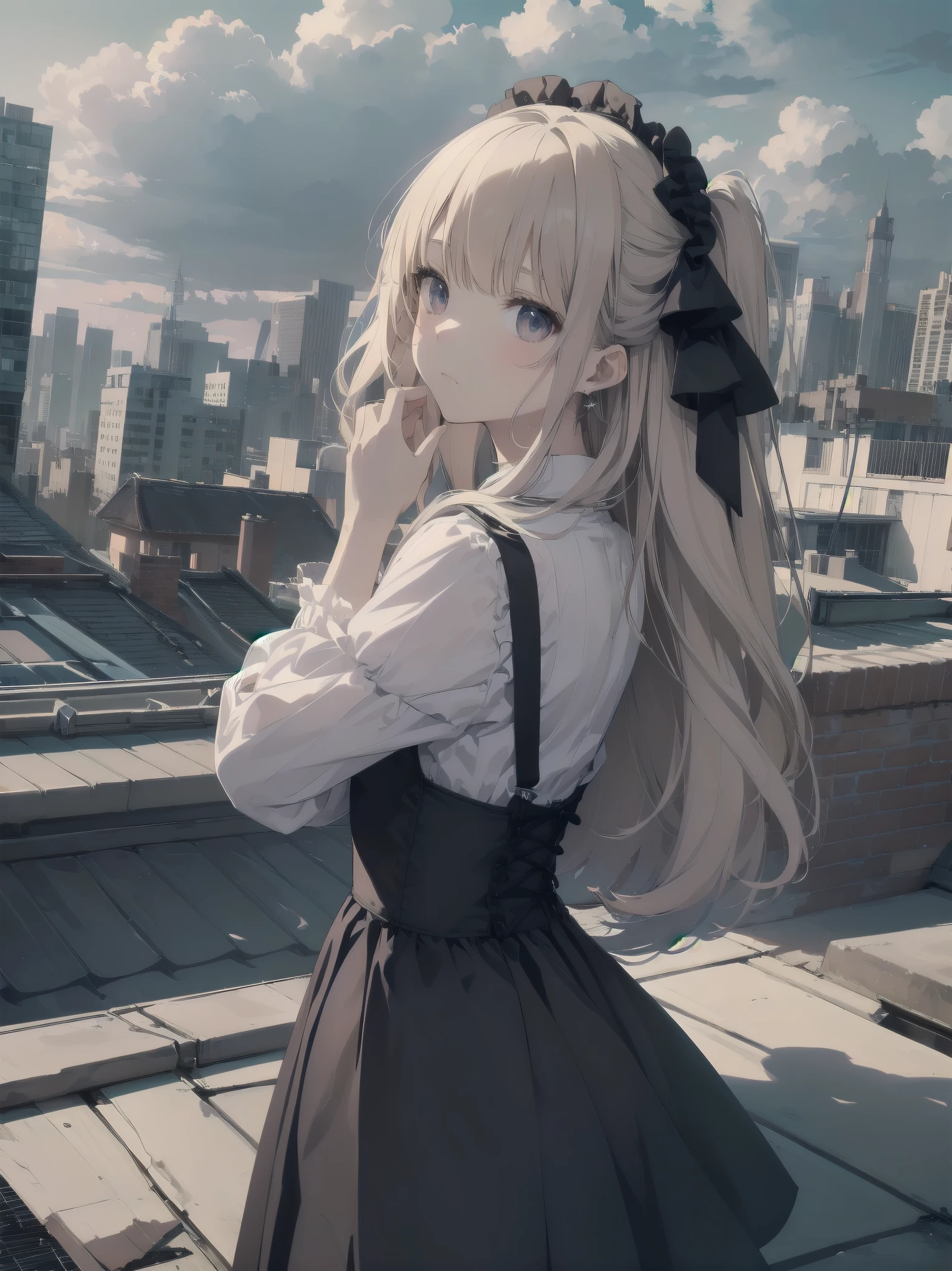 masterpiece、so beautiful、Clear contours、Cute pose of a ta aristocrat、(building, city, cloudy null, Dutch Angle, From the side, Slight frown, View your viewers, Outdoor, rooftop, null, nullscraper